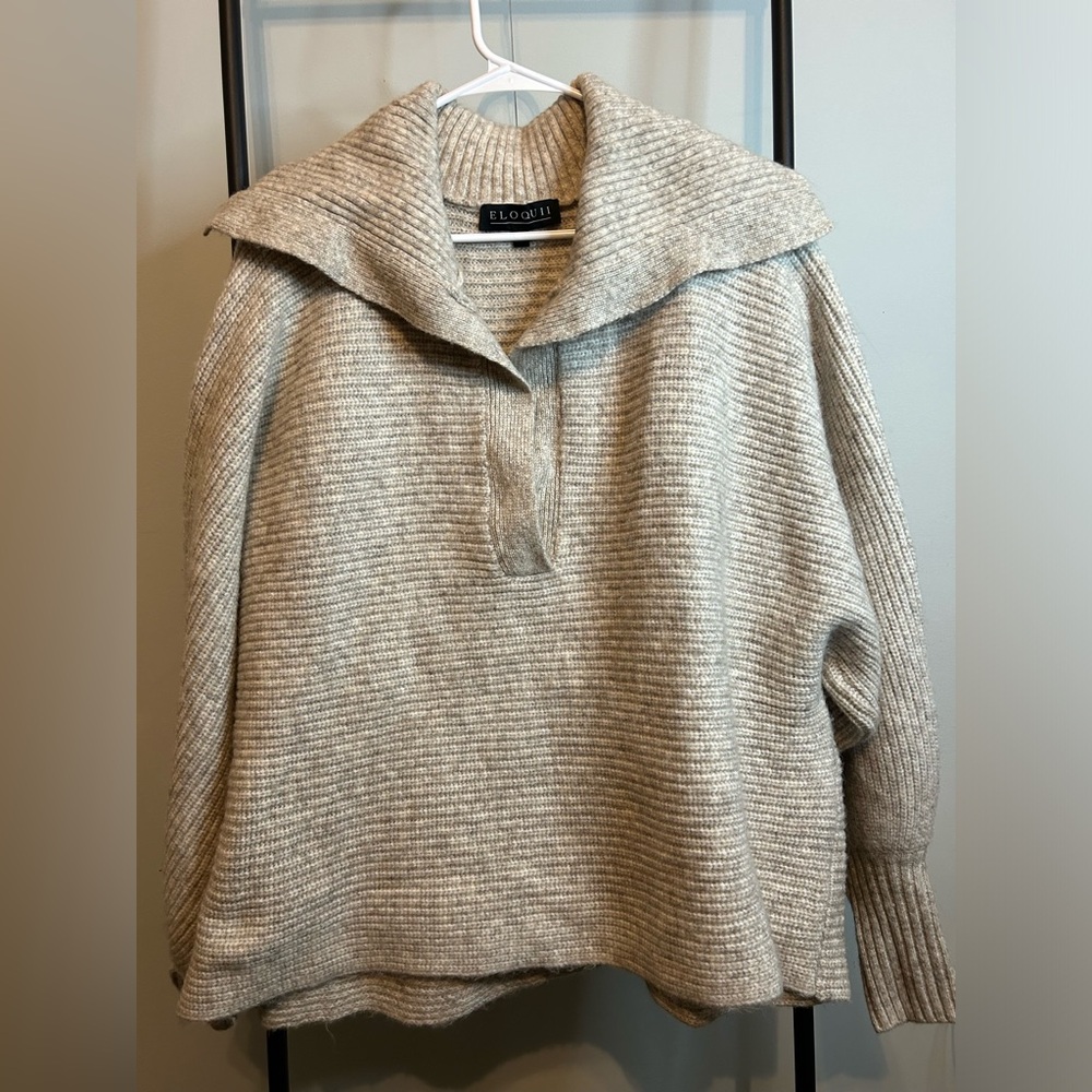 Eloquii cream wide collar pullover sweater with puff sleeve plus size